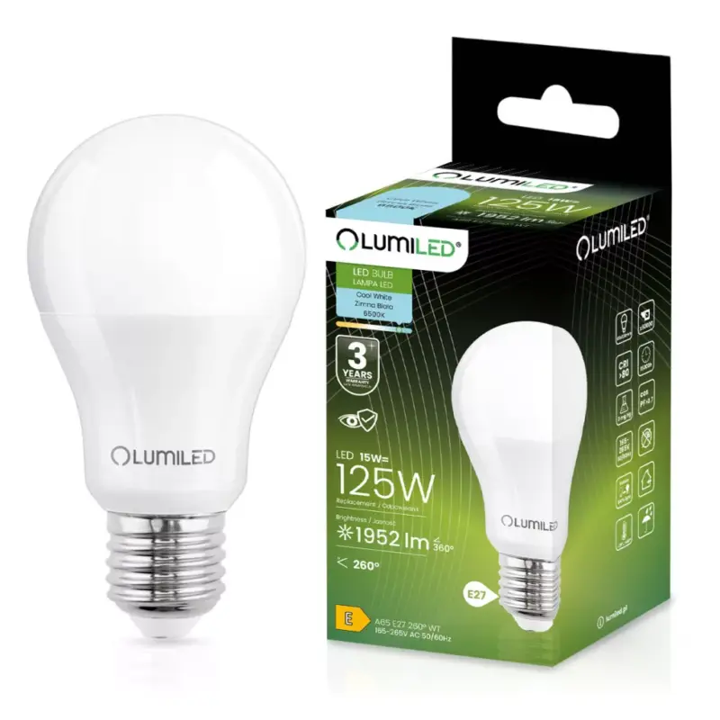 E27 A65 LED izzó 15W = 125W 1952lm 6500K Hideg 260° LUMILED Kihagyhatatlan ajánlat