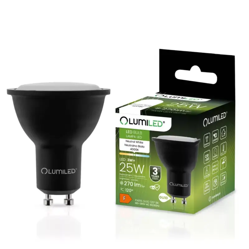 Különleges ajánlat GU10 LED izzó 3W = 25W 270lm 4000K Semleges 120° Fekete LUMILED