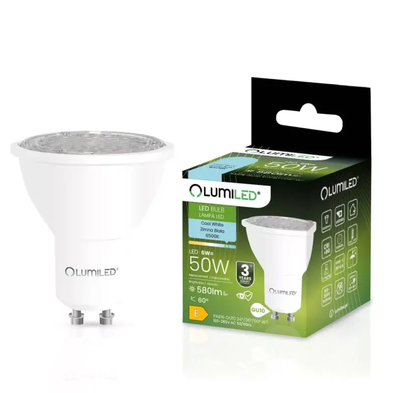 GU10 LED izzó 6W = 50W 580lm 6500K hidegen állítható 24° 36° 60° LUMILED Outlet