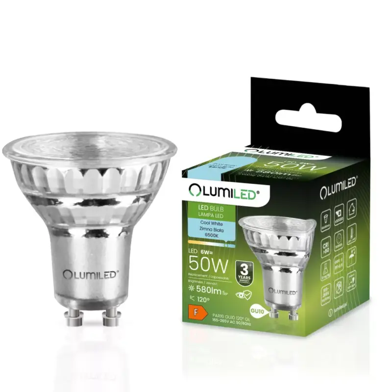 GU10 LED izzó 6W = 50W 580lm 6500K Hideg 120° Üveg LUMILED Biztonságos vásárlás