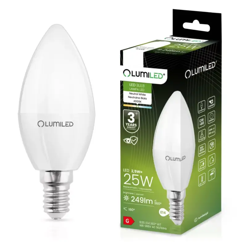 LED CANDLE izzó B35 E14 2.5W = 25W 249lm 4000K Semleges 180° LUMILED Outlet