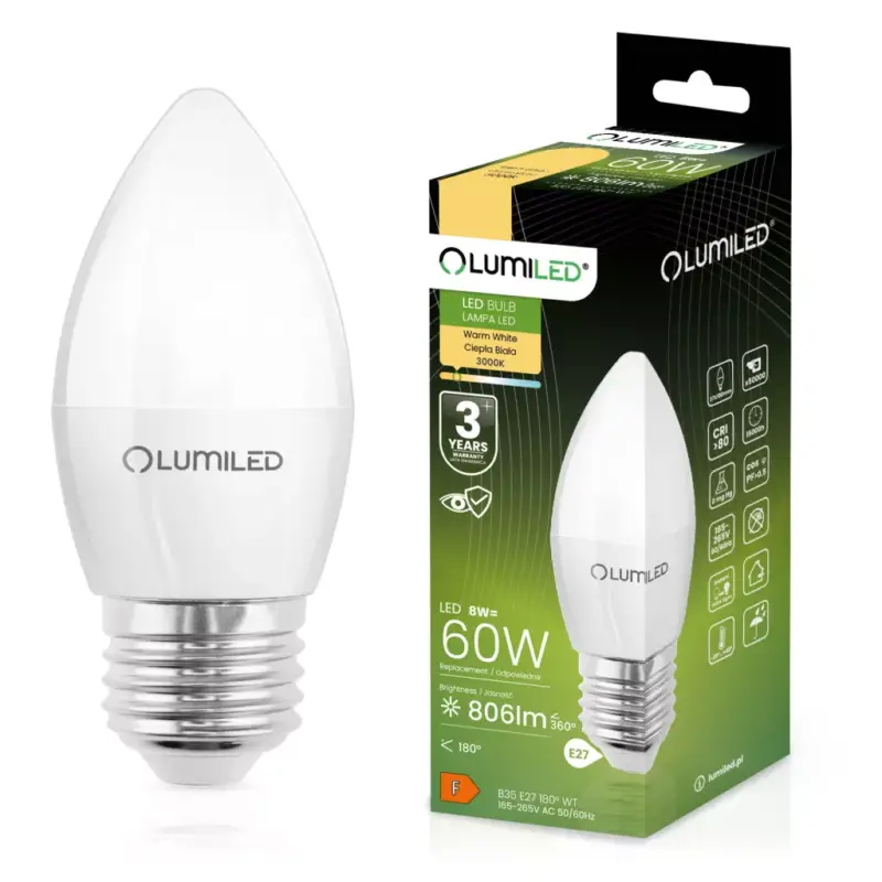 Ne maradj le E27 B35 LED izzó 8W = 60W 806lm 3000K Meleg 180° LUMILED