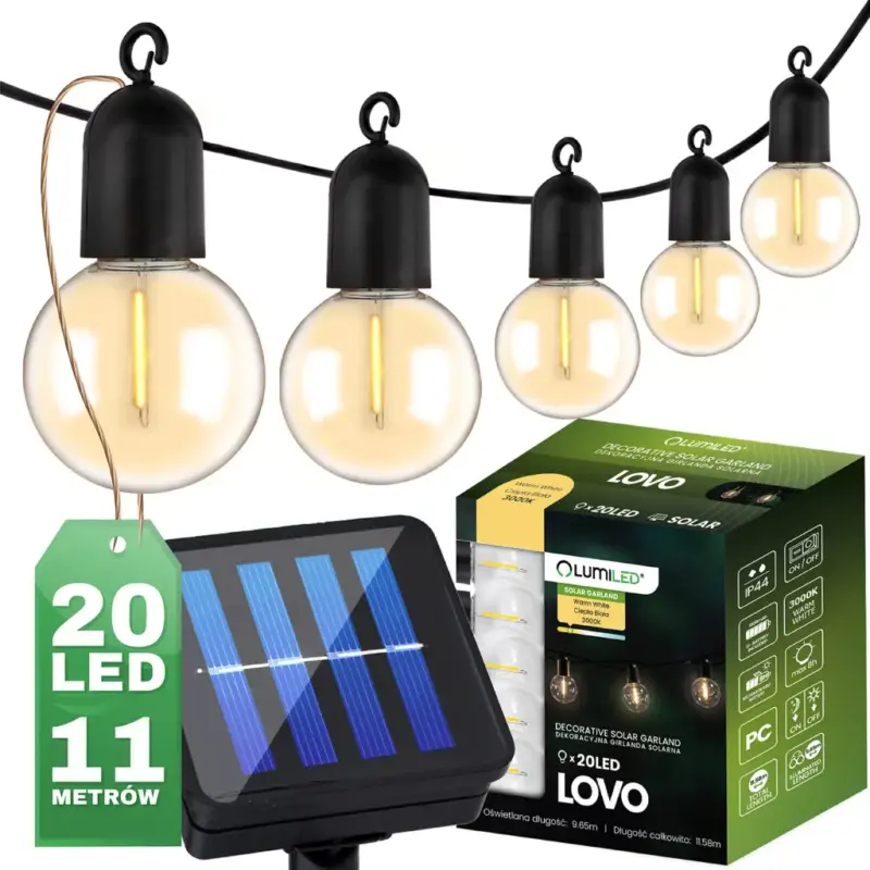 Szuper ajánlat Kerti Solar Girland 20x LED dekoratív golyók 11,58m 3000K meleg LOVO LUMILED
