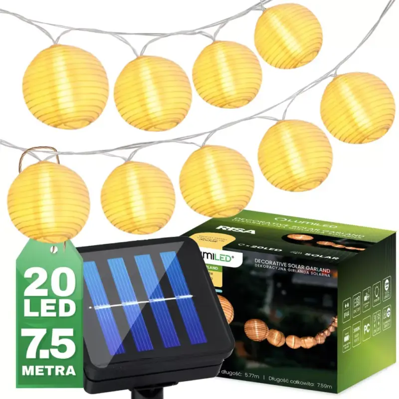 Kerti Solar Girland 20x LED dekoratív lámpák 7,59 m meleg 3000K RISA LUMILED Biztonságos vásárlás