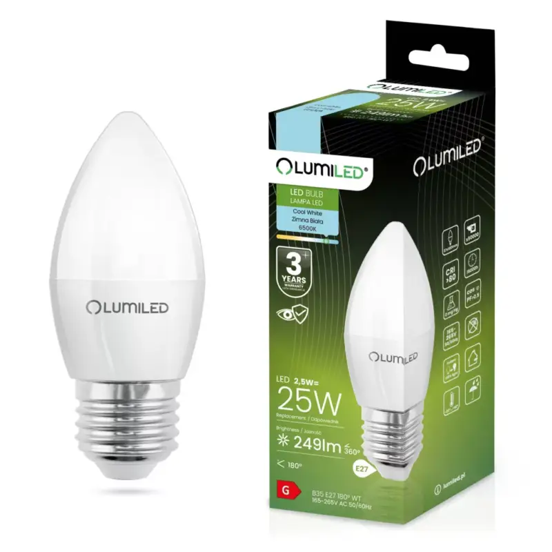 E27 B35 LED izzó 2.5W = 25W 249lm 6500K Hideg 180° LUMILED Expressz szállítás