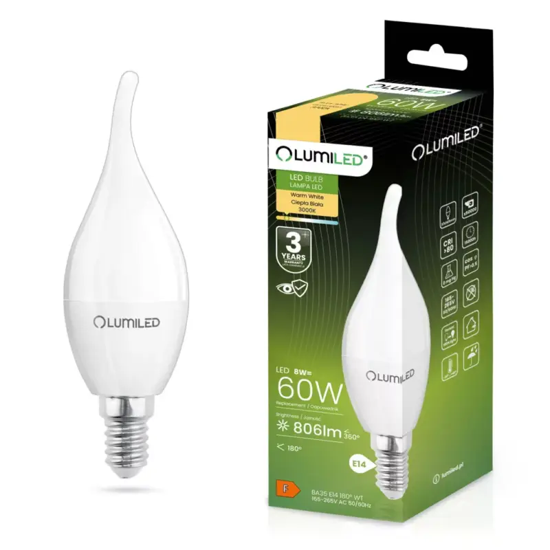 E14 BA35 LED izzó 8W = 60W 806lm 3000K Meleg 180° LUMILED Nézd meg most