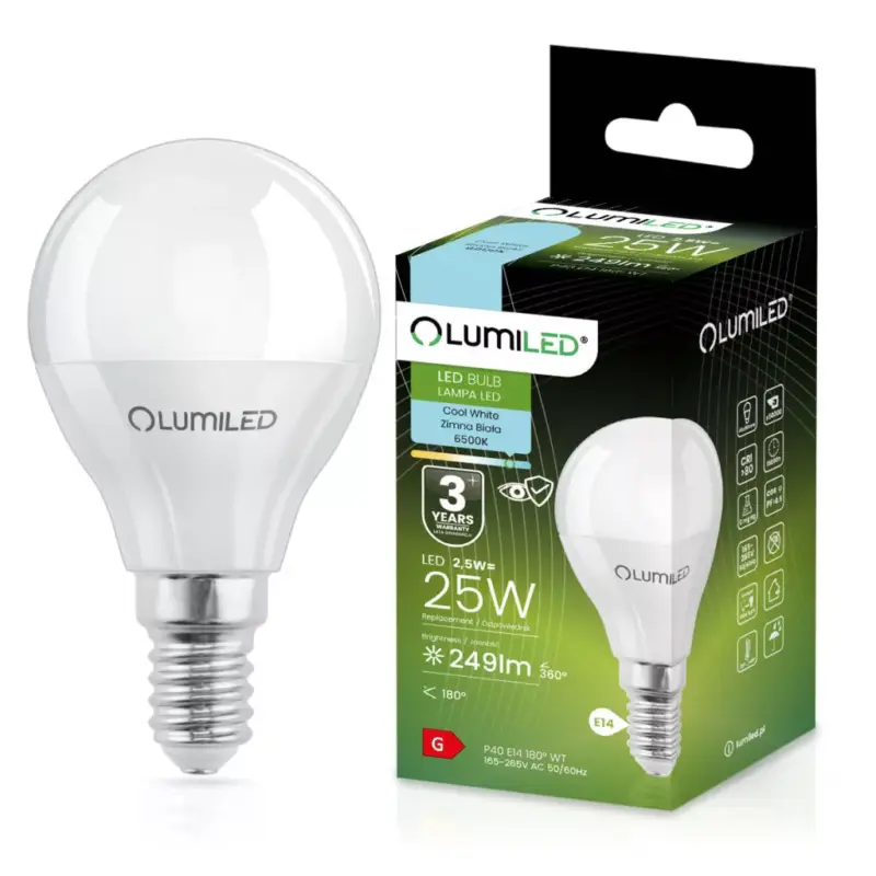 E14 P40 LED izzó 2,5W = 25W 249lm 6500K Hideg 180° LUMILED Legnépszerűbb