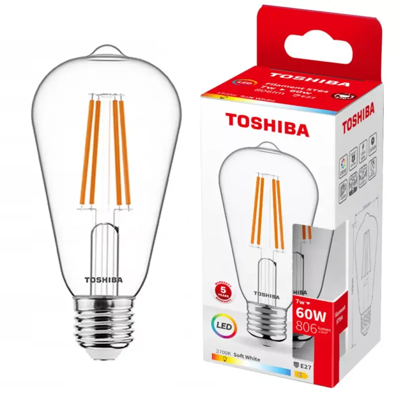 Legkelendőbb E27 ST64 LED izzó 7W = 60W 806lm 2700K meleg izzószál TOSHIBA