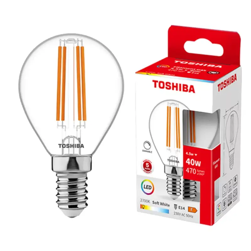 E14 G45 LED izzó 4,5 W = 40 W 470 lm 2700 K meleg izzószál, szabályozható TOSHIBA Vásárlói kedvenc
