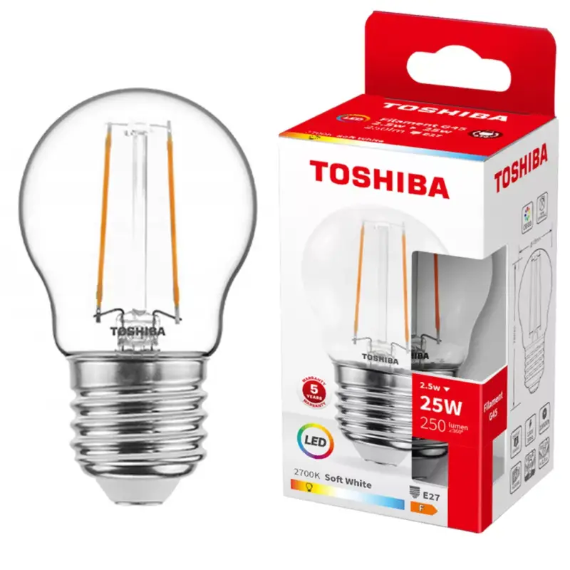 E27 G45 LED izzó 2,5W = 25W 250lm 2700K meleg izzószál TOSHIBA Legjobb ár