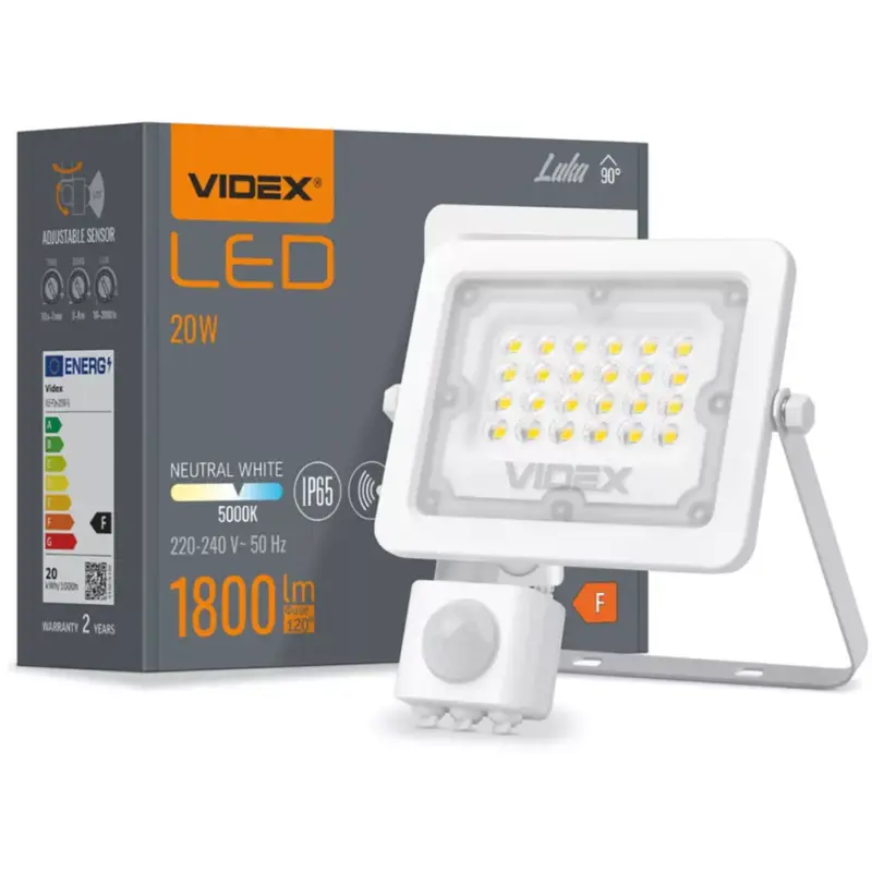 LED reflektor 20W 1800lm 5000K IP65 fehér mozgás- és alkonyérzékelővel VIDEX LUCA Exkluzív ajánlat