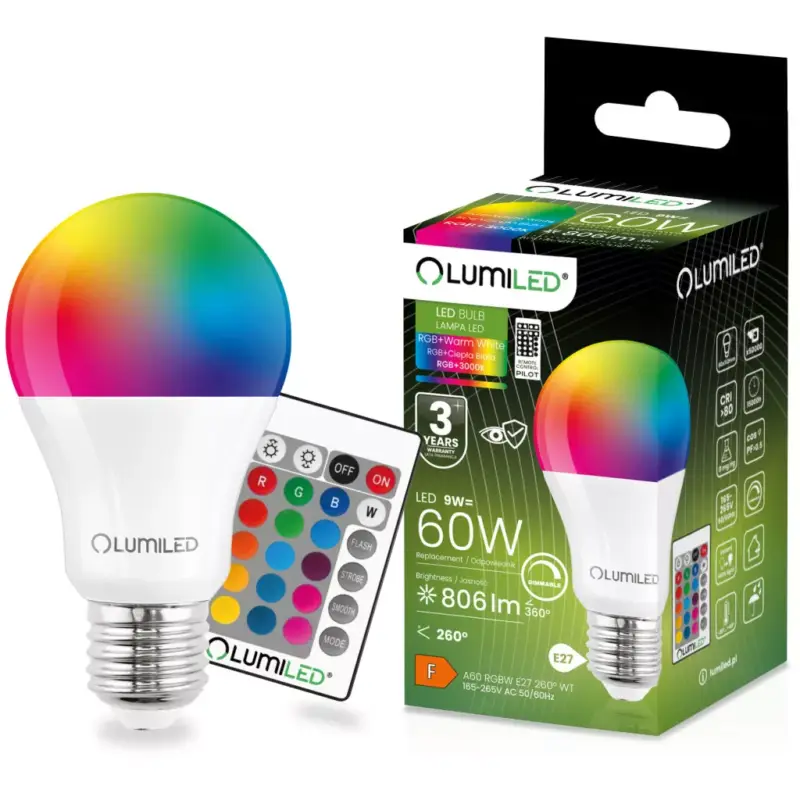 LED izzó E27 A60 9W = 60W 806lm RGB+3000K szabályozható Smart LUMILED Vedd meg online