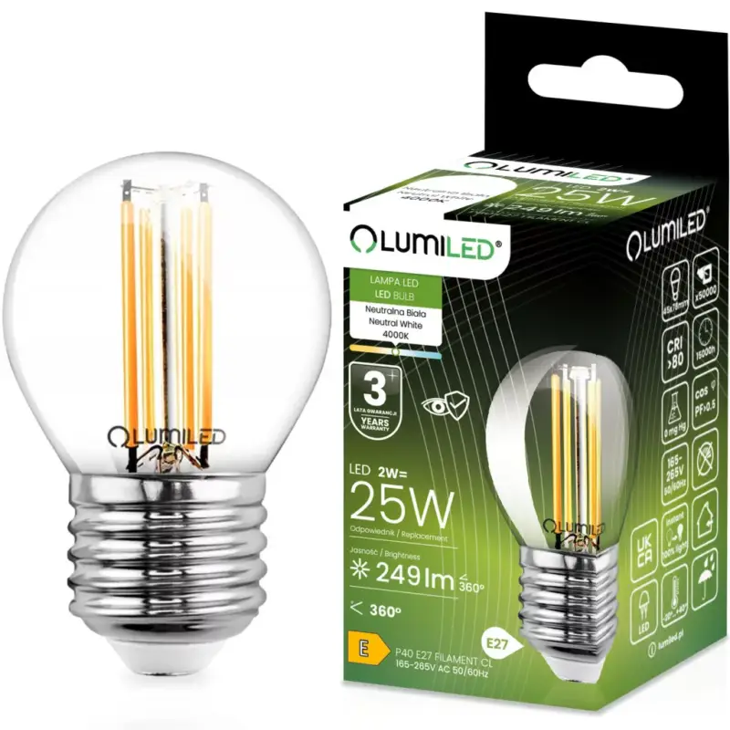LED izzó E27 P40 Izzószál 2W = 25W 249lm 4000K Semleges 360° LUMILED Legnépszerűbb