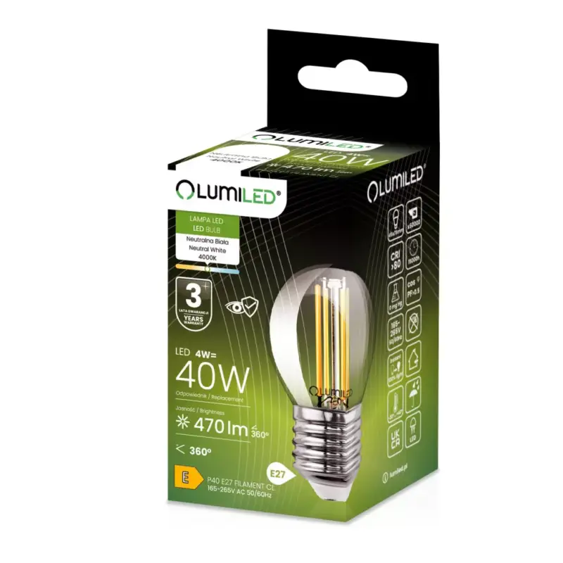 LED izzó E27 P40 Izzószál 4W = 40W 470lm 4000K Semleges 360° LUMILED Akció