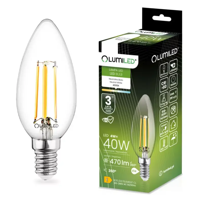 LED izzó E14 B35 4W = 40W 470lm 4000K semleges 360°-os izzószál LUMILED Végkiárusítás