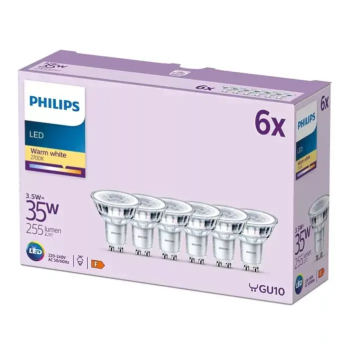 Biztonságos fizetés 6 db LED halogén izzó készlet GU10 PAR16 3.5W = 35W 255lm 2700K Meleg 36° PHILIPS