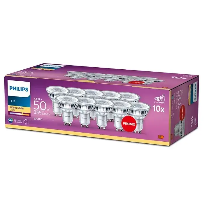 10 db LED halogén izzó készlet GU10 PAR16 4.6W = 50W 355lm 2700K Meleg 36° PHILIPS Árcsökkenés