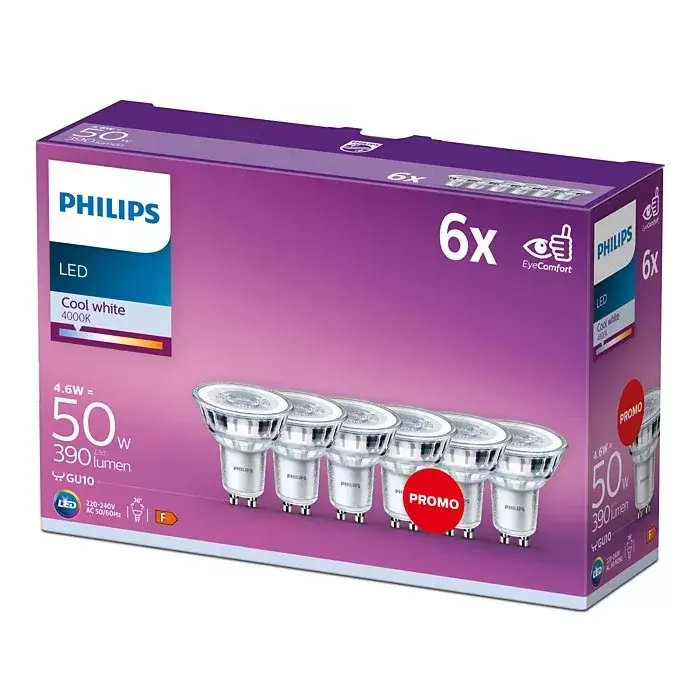 Olcsóbb 6 db LED halogén izzó készlet GU10 PAR16 4.6W = 50W 390lm 4000K Semleges 36° PHILIPS