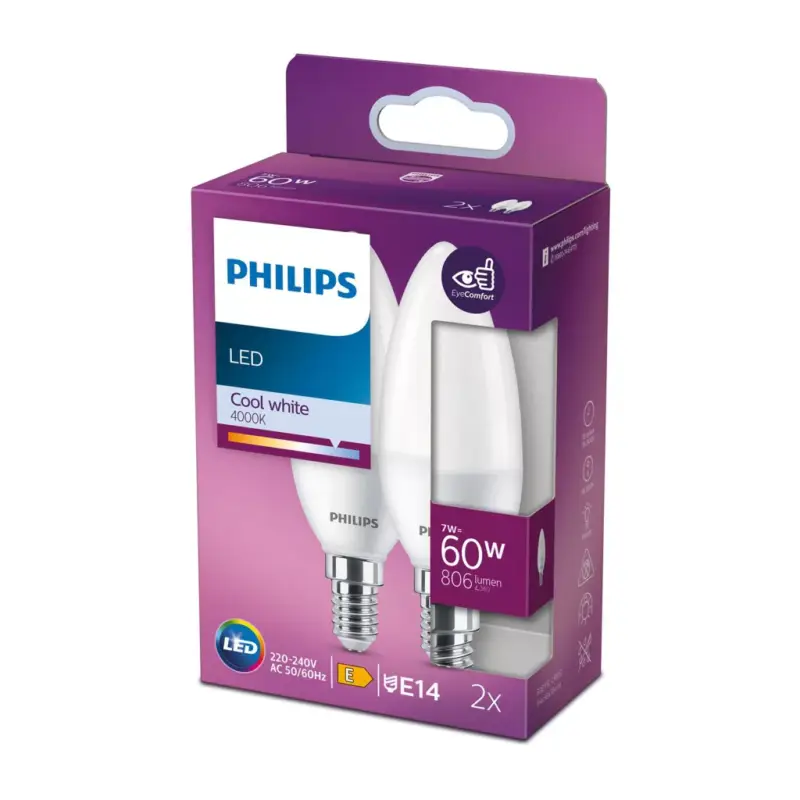Outlet 2 db LED-es gyertyakörte készlet E14 B38 7W = 60W 806lm 4000K semleges PHILIPS