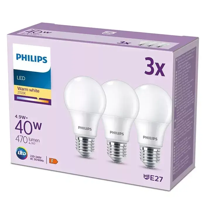 3x LED izzó készlet E27 A60 4.9W = 40W 470lm 2700K Meleg 180° PHILIPS Exkluzív ajánlat