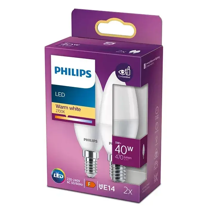 Olcsóbb 2 db LED-es gyertyakörte készlet E14 B35 4,9W = 40W 470lm 2700K meleg matt PHILIPS