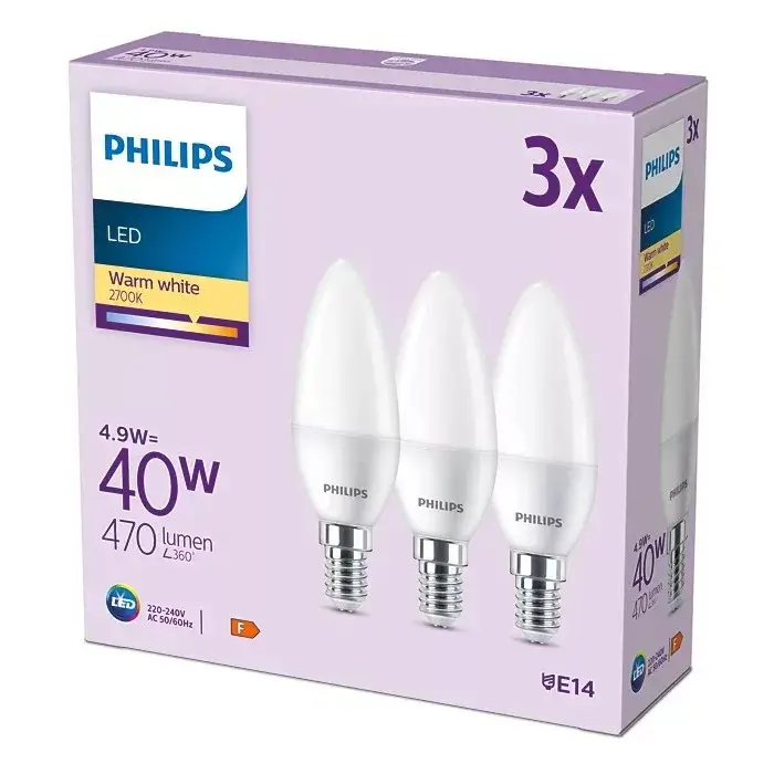 Legnépszerűbb 3 db LED-es gyertyakörte készlet E14 B35 4,9W = 40W 470lm 2700K meleg matt PHILIPS