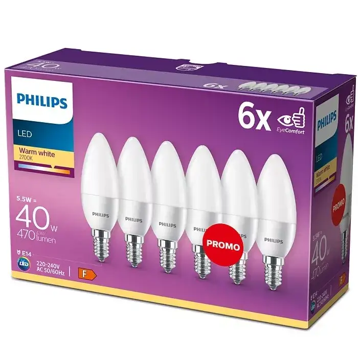 Alacsony ár 6 db LED-es gyertyakörte készlet E14 B35 4,9W = 40W 470lm 2700K meleg matt PHILIPS