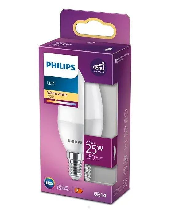 LED-es gyertyakörte E14 B35 2,8W = 25W 250lm 2700K meleg matt PHILIPS Biztonságos fizetés
