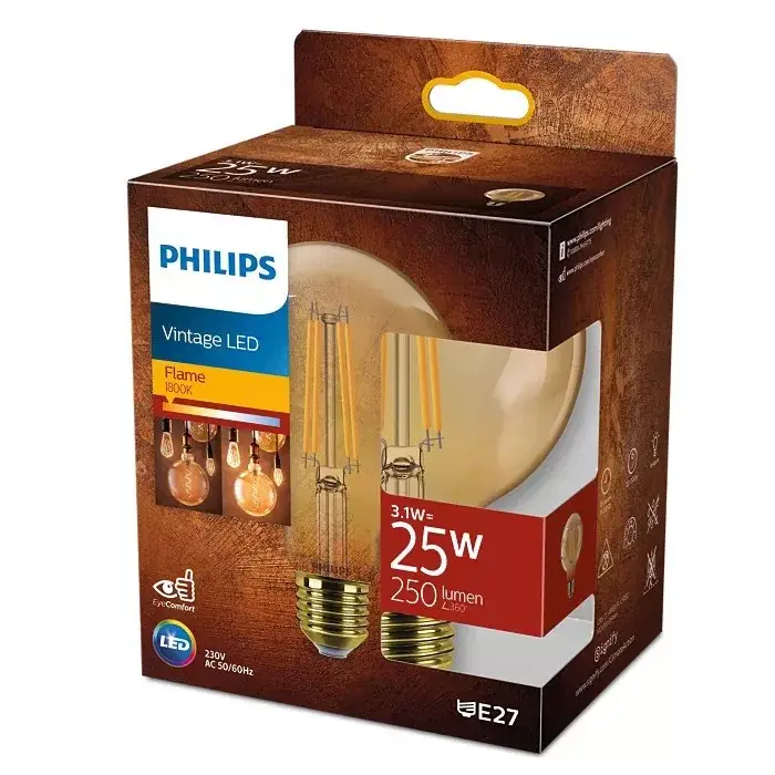 LED Globe izzó E27 G95 3.1W = 25W 250lm 1800K meleg izzószál borostyán PHILIPS Expressz szállítás