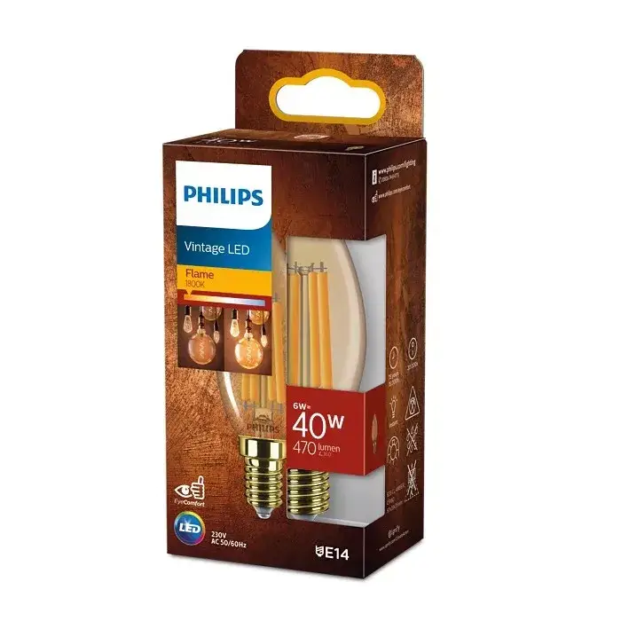 Vedd meg most LED-es gyertyakörte E14 B35 6W = 40W 470lm 1800K meleg izzószál borostyán PHILIPS