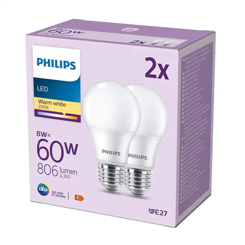 2x LED izzó készlet E27 A60 8W = 60W 806lm 2700K Meleg 150° PHILIPS Szuper ajánlat