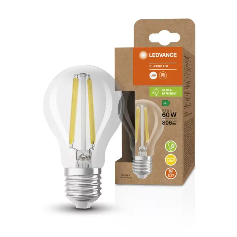 Bestseller LED izzó A60 E27 3.8W = 60W 806lm 3000K meleg FILAMENT Fehér LEDVANCE