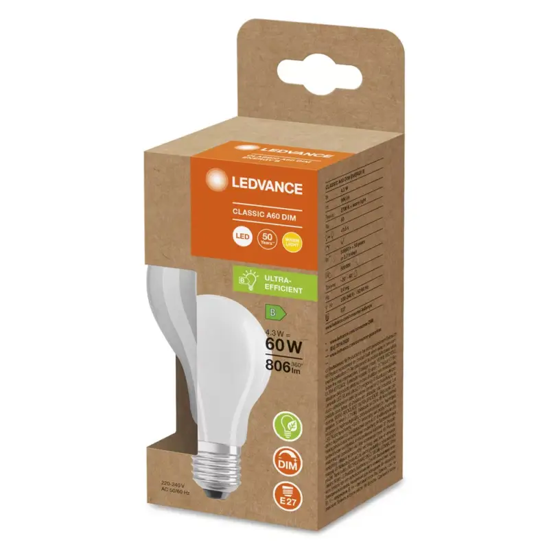 LED izzó A60 E27 4.3W = 60W 806lm 2700K meleg fehér SZÍNÁZÁS DIMMÁLHATÓ LEDVANCE Végkiárusítás
