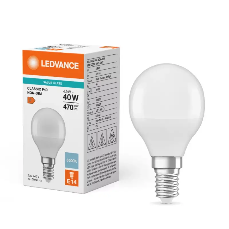 Legnépszerűbb LED izzó P45 E14 4,9W = 40W 470lm 6500K hideg fehér LEDVANCE