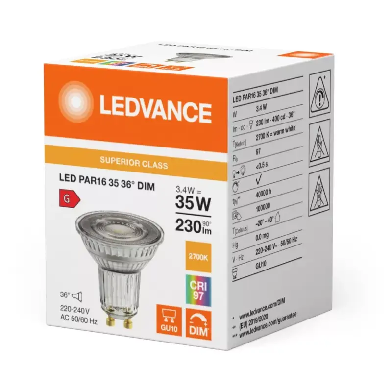 LED izzó PAR16 GU10 3,4W = 35W 230lm 2700K meleg fehér 36°-ban DIMMÁLHATÓ LEDVANCE Alacsony ár