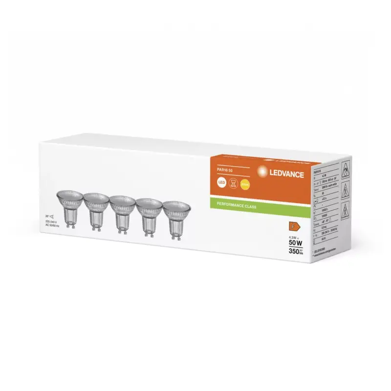 Olcsóbb 5x LED izzó PAR16 GU10 4.3W = 50W 350lm 3000K meleg fehér 36° LEDVANCE