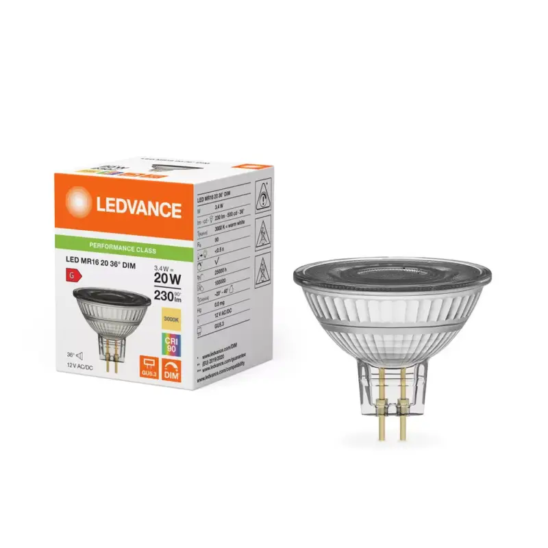 Népszerű LED izzó MR16 GU5.3 3.4W = 20W 230lm 3000K meleg fehér 12V FALAMENT DIMMÁLHATÓ LEDVANCE