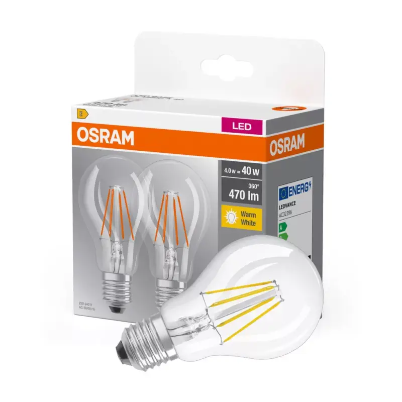 2x LED izzó E27 A60 4W = 40W 470lm 2700K meleg 300° OSRAM izzószál Kedvezményes ár