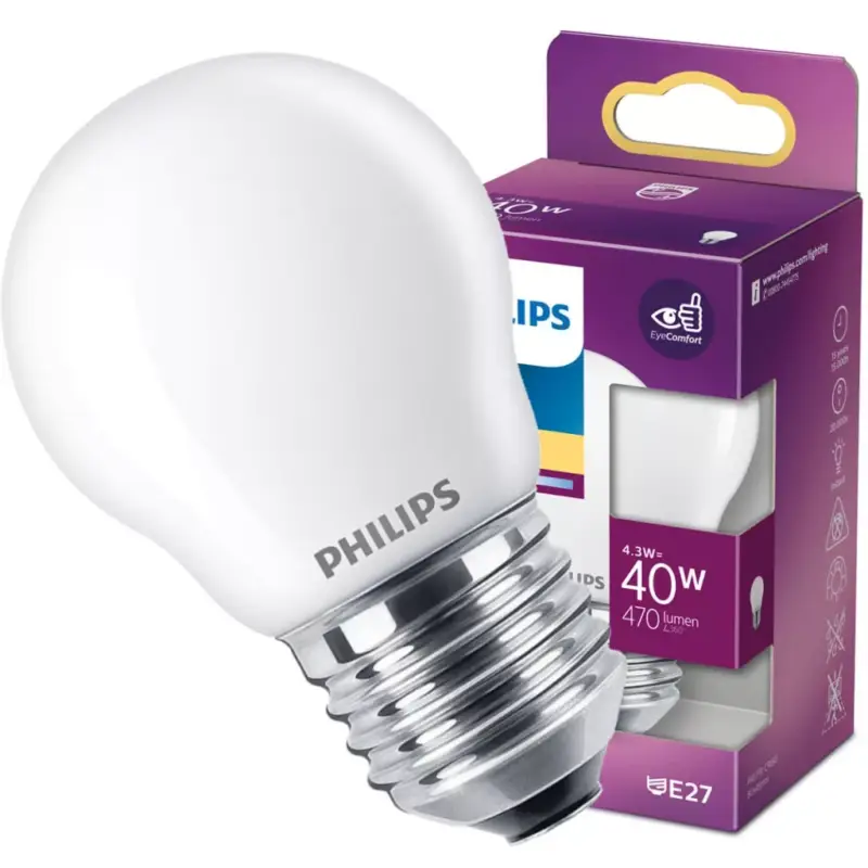 Nézd meg most LED izzó E27 P45 4,3W = 40W 470lm 2700K meleg PHILIPS