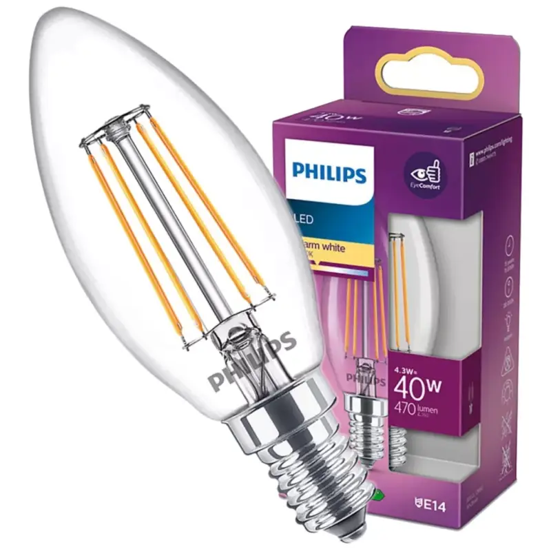 Alacsony ár LED izzó E14 B35 4.3W = 40W 470lm 2700K meleg izzószál PHILIPS