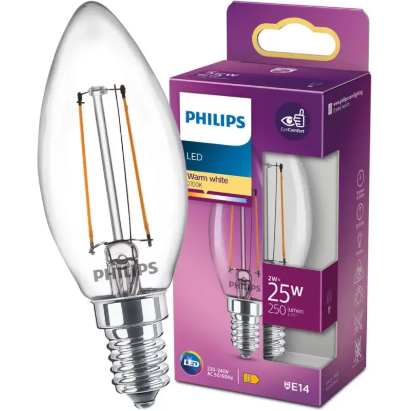 Biztonságos fizetés LED izzó E14 B35 2W = 25W 250lm 2700K meleg izzószál PHILIPS