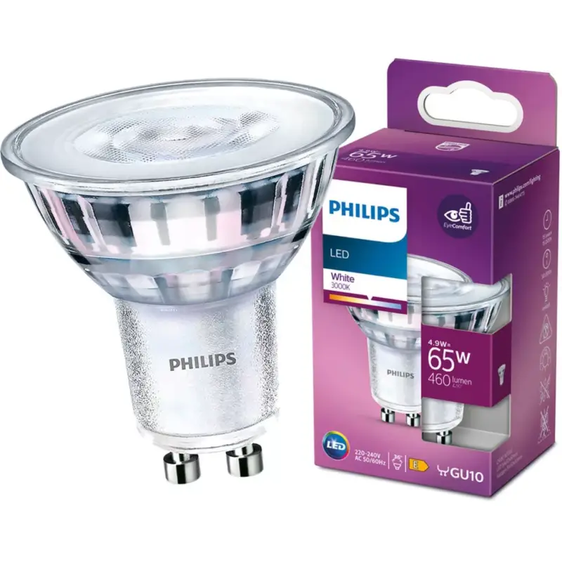 Olcsóbb LED izzó GU10 4.9W = 65W 460lm 3000K Meleg 36°-os spotlámpa PHILIPS