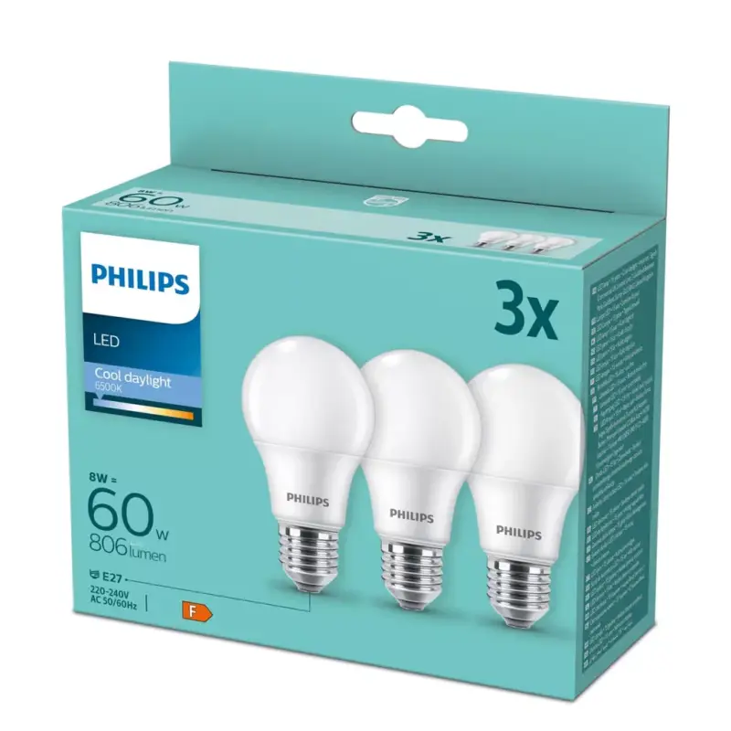 Bestseller 3PAK LED izzó E27 A60 8W = 60W 806lm 6500K Cold PHILIPS