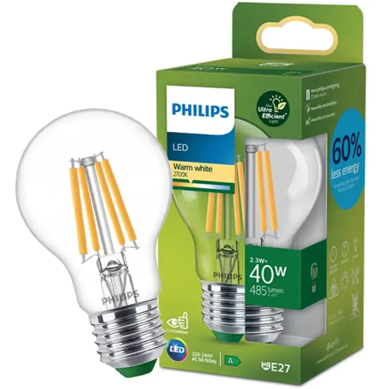 LED izzó E27 A60 210.9lm/W 2.3W = 40W 485lm 2700K meleg izzószál PHILIPS Ultra Hatékony Népszerű