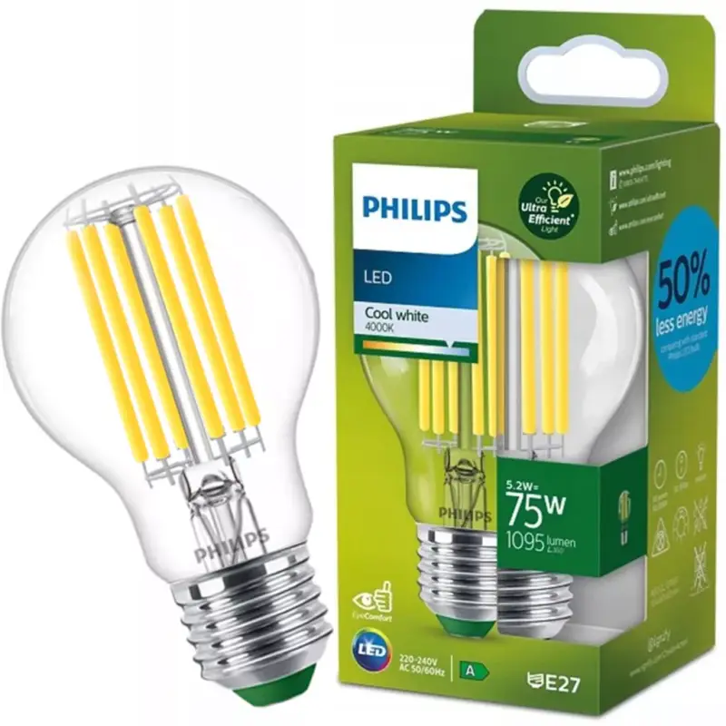 Azonnali szállítás LED izzó E27 A60 210.6lm/W 5.2W = 75W 1095lm 4000K semleges izzószál PHILIPS Ultra Hatékony