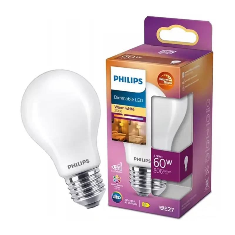 LED izzó E27 A60 5,9W = 60W 806lm 2700 meleg izzószál tejes PHILIPS szabályozható Akciós ár