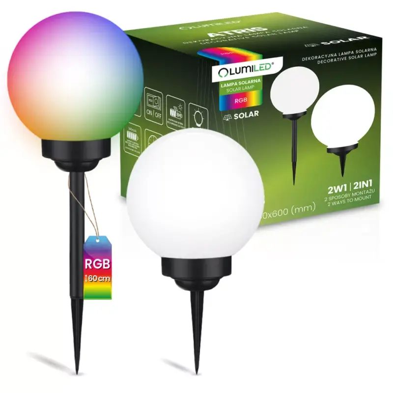 Napelemes kerti lámpa LED ATRIS földre szerelhető fehér golyós 25cm RGB LUMILED Szuper akció