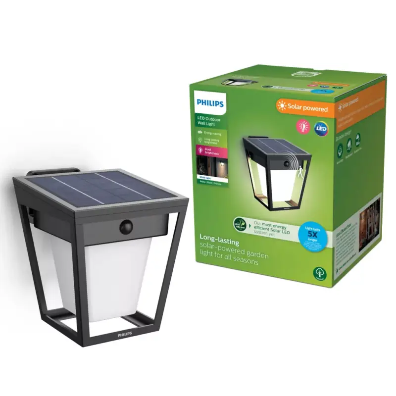 Kerti fali lámpa Solar Homlokzati Kültéri LED 1,8W 250lm 3000K IP44 mozgás- és szürkületérzékelővel Fekete Nissa Ultra Hatékony Philips Biztonságos fizetés