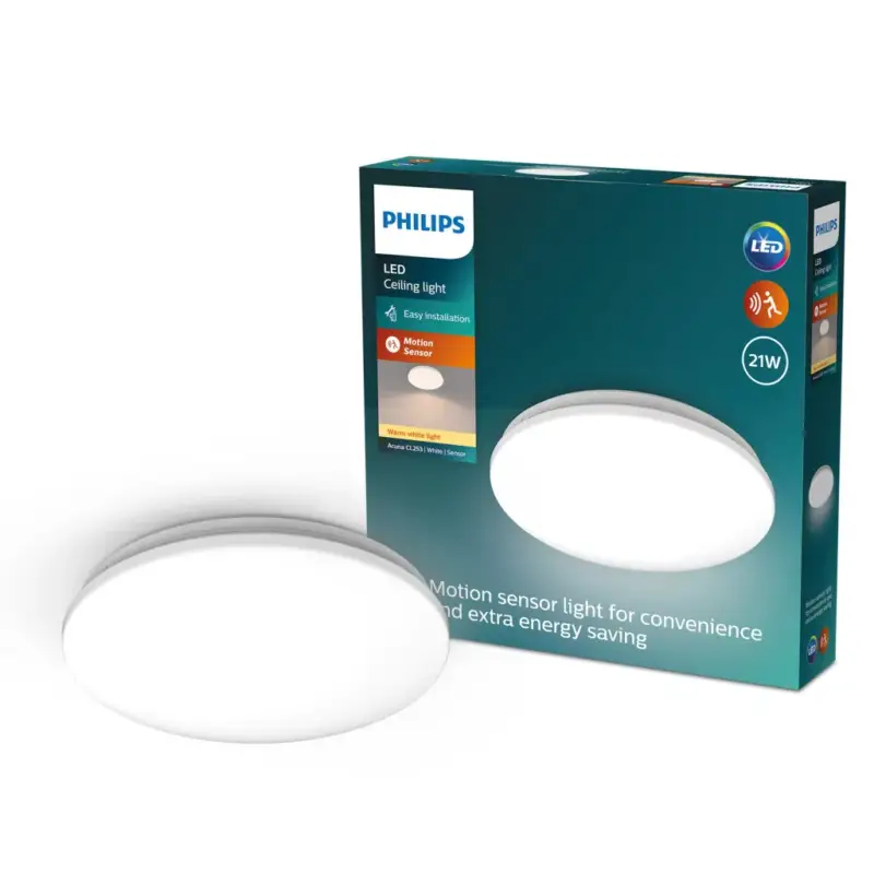 Akciós ár Mennyezeti lámpa LED mennyezeti lámpa 21W 2500lm 2700K Alkonyat érzékelővel Fehér Acuna Philips