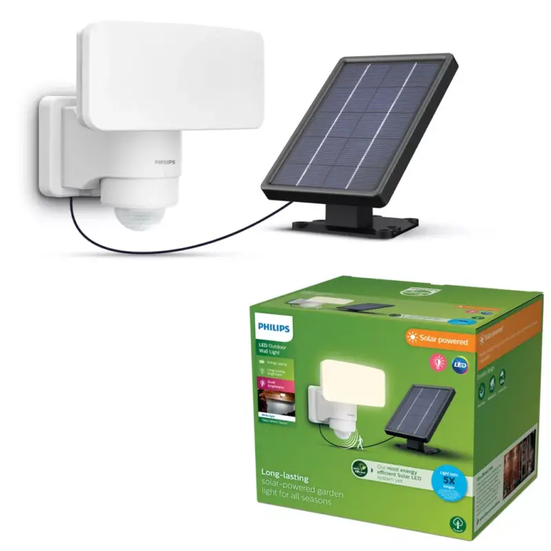 Újdonság Napelemes LED-es reflektor 6W 1000lm 3000K IP44 mozgás- és szürkületérzékelővel, fehér Tylus Ultra hatékony Philips